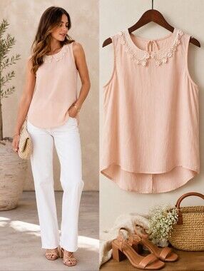 MNG Collection Blush Sleeveless Blouse XS Lace Collar Hi-Low Hem Soft Romantic